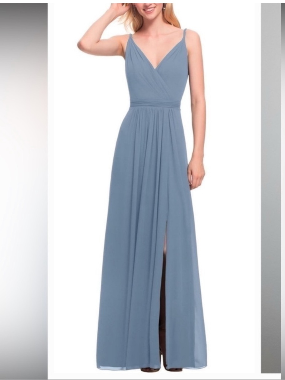Bill Levkoff Dusty Blue/Slate Chiffon V-Back Vneck Maxi Bridesmaid Chiffon Dress